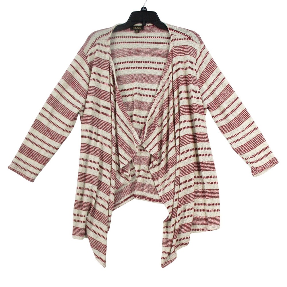 Cal Style Womens 2XL Red Striped Open‎ Front Draped Waterfall Cardigan Sweater